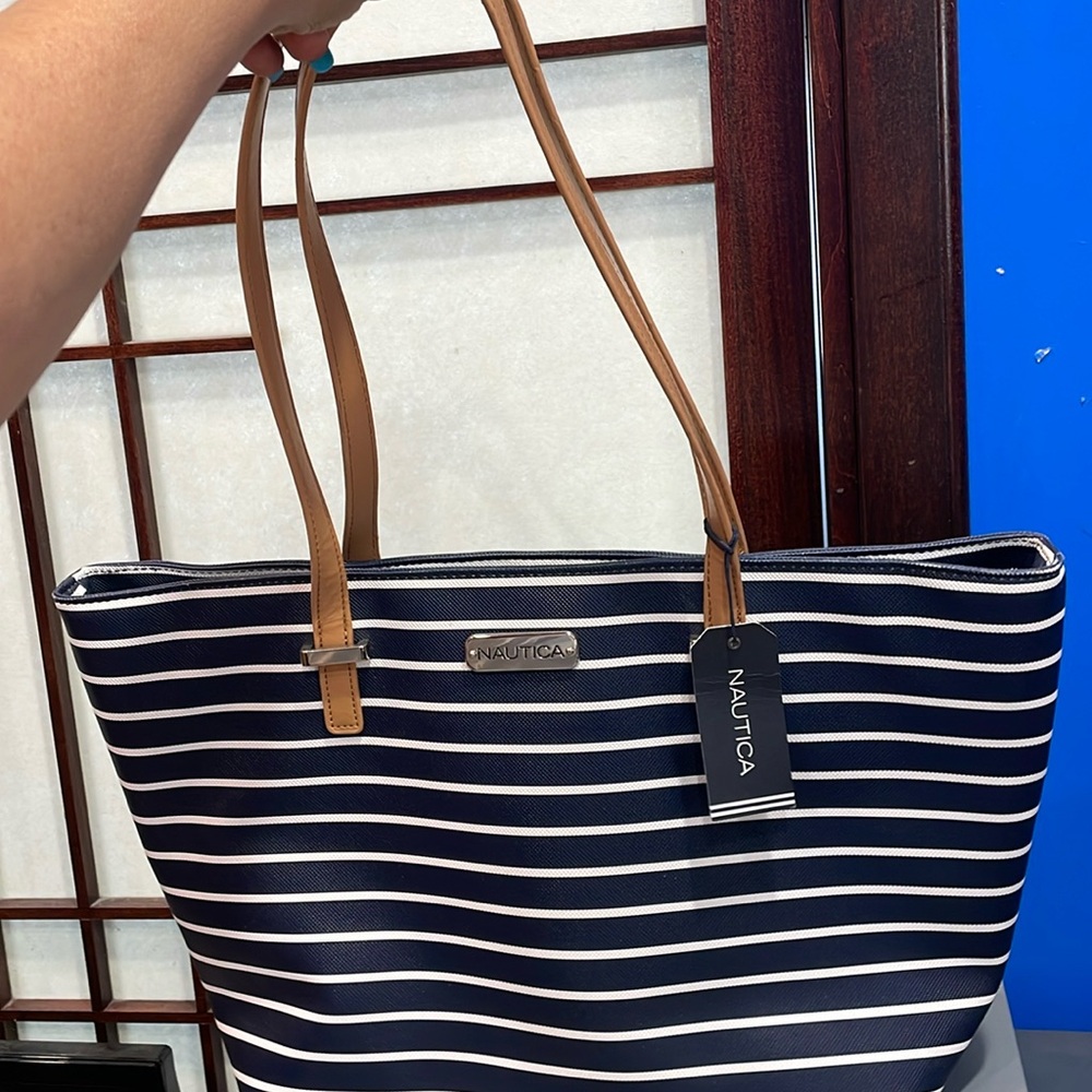 Nautical Large canvas Black Blue Beige Handle Shoulder Bag